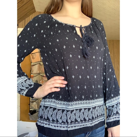 Navy Blue Long-Sleeved Peasant Top - Picture 1 of 3